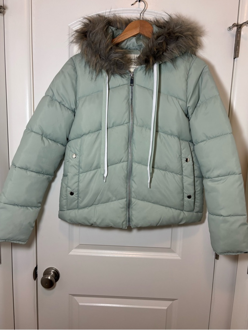 Maralyn & Me Sage Green Puffer Jacket with Faux Fur Trim